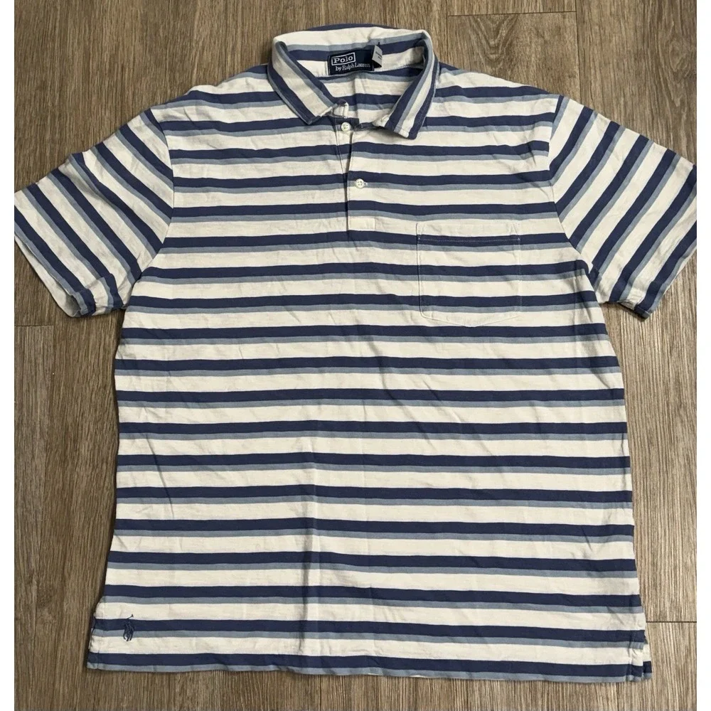VINTAGE Polo Ralph Lauren Shirt Mens L Blue Striped Pony Bottom Hem 90s USA Y2K